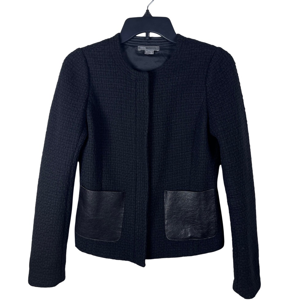 Vince Women 4 Black Jacket Blazer Full Zip Leather Pockets Minimalist Chic